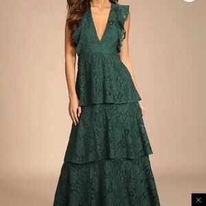 Molinetto Forest Green Lace Ruffled Tiered Sleeveless Maxi Dress